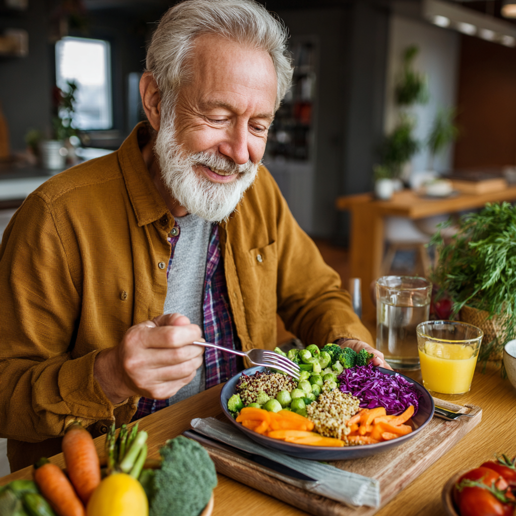 Mature adult enjoying nutritious colorful meal with fresh vegetables and grains